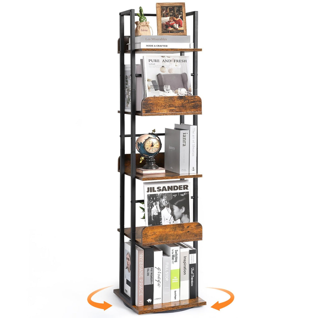 Bikoney Rotating Bookshelf Spinning Bookshelf Tower 5 Shelf Bookcase 360 Display Narrow Bookshelf Tall Industrial Book Shelf Organizer Small Corner Book Shelves for Living Room Black