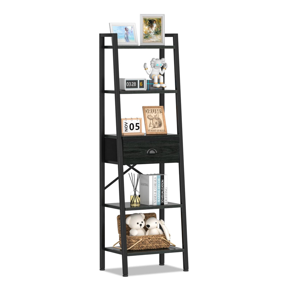Furologee 5 Tier Bookshelf Ladder Shelf with Drawer Tall Bookcase Corner Shelf Narrow Shelf Industrial Display Standing Units for Home Office Living Room Bedroom Kitchen Black Oak