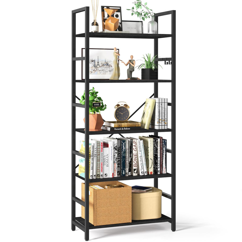 Yoobure 5 Tier Bookshelf - Tall Book Shelf Modern Bookcase for CDs/Movies/Books Rustic Book Case Industrial Bookshelves Book Storage Organizer for Bedroom Home Office Living Room Black